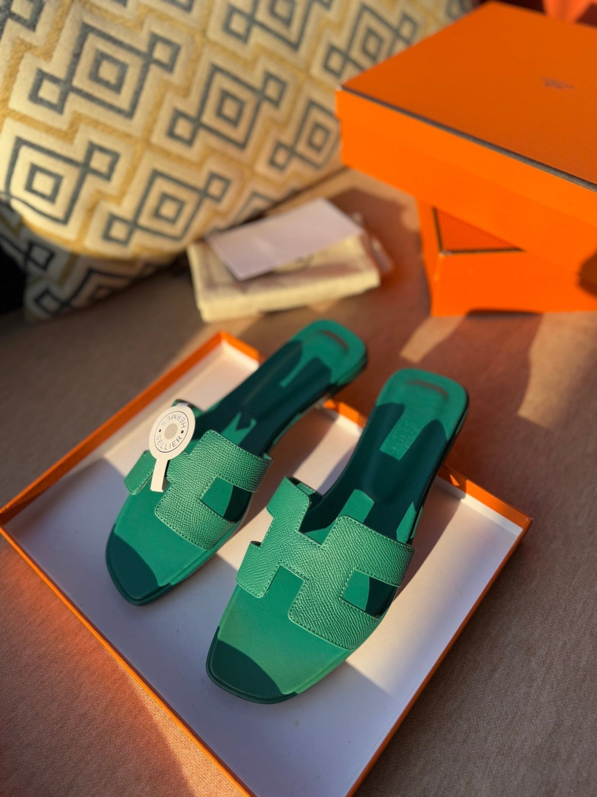 HERMES 0RAN SANDALS IN PERSIAN GREEN CALFSKIN