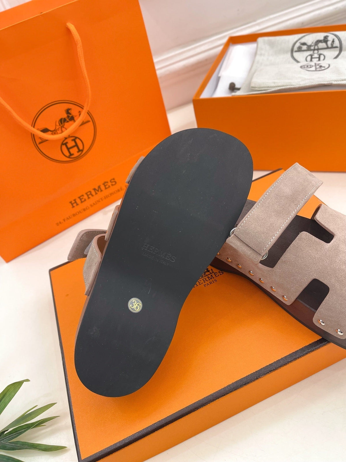 HERMES KOS CLOG IN KHAKI BROWN SUEDE